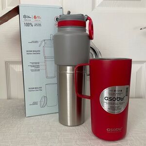 Asobu Twin Pack Travel Mug with Handle Red Grey Stainless Steel